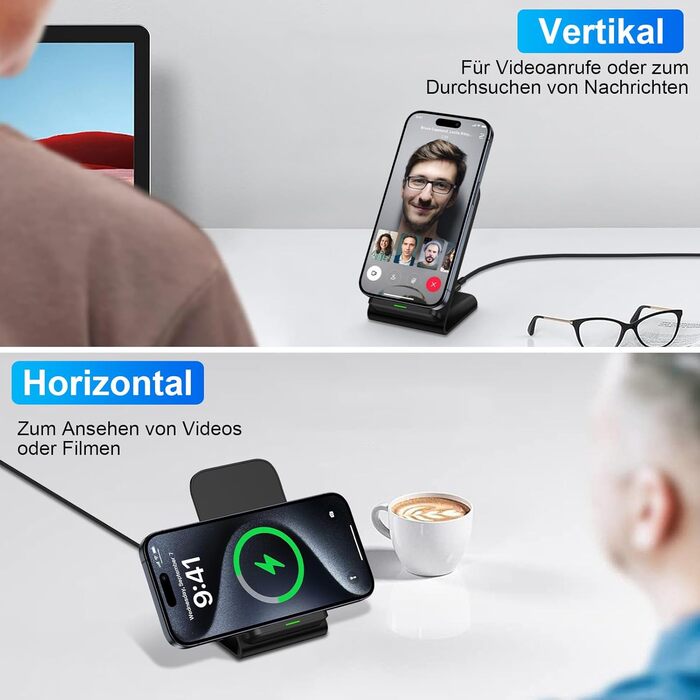 Бездротова зарядка 15W для Samsung Galaxy S25 Ultra, S24 FE, S23, S22, S21, S20, Z Flip6, Google Pixel 9 Pro, 8, 7, 6, iPhone 16, 15, 14 - чорний