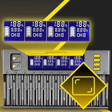 Зарядний пристрій Retoo для акумуляторів AA, AAA, 9V NI-MH/NI-CD, Li-ion 3.70V/3.80V, LiFePO4 3.20V, 12 слотів, швидка зарядка з LCD дисплеєм, чорний
