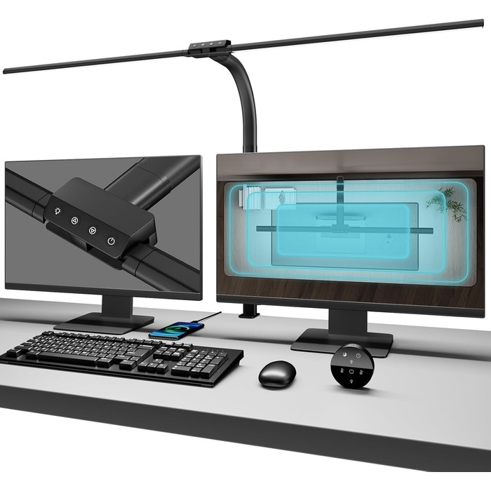 Стійка LED лампа для столу 24W з двома головками, захистом для очей, регулюванням яскравості та 10 кольорами, для дому, офісу, навчання, чорного кольору