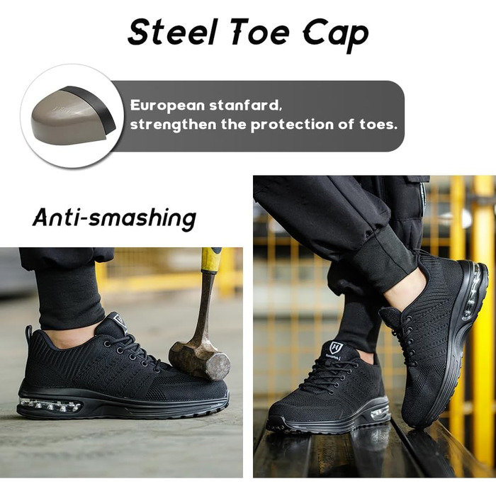 Легкі робочі черевики для чоловіків та жінок. Безпечні, спортивні, з металевим носком. Дихаючі робочі черевики, чорного кольору, розмір 42 EU.