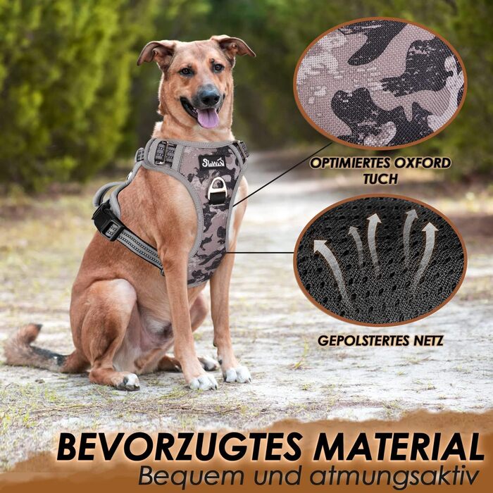 Шлейка для собак великих порід, анти-тяга, з 2 карабінами та зручною ручкою, регульована, світловідбиваюча, з м'якою підкладкою (L), колір: Tarngrau