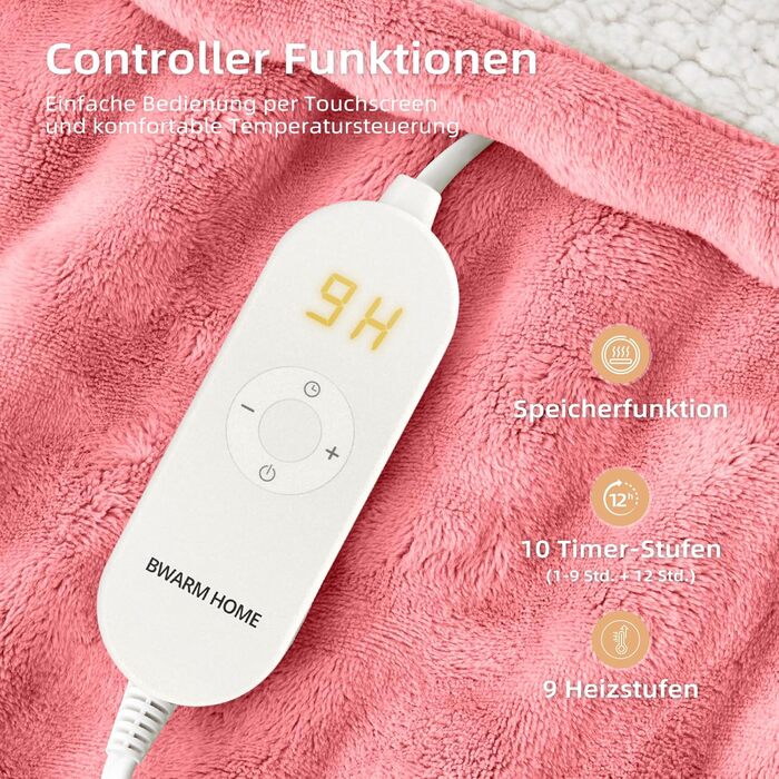 Електрична гріюча ковдра 130x180 см з таймером та захистом від перегріву, 9 режимів нагріву, функція пам'яті, рожева