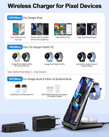 Бездротова зарядка NANAMI 3-в-1 для Google Pixel Watch 3/2, Fitbit Versa 4/3, Pixel 10 Pro/10/9/9a/8/7, Pixel Buds Pro 2 (Чорний)