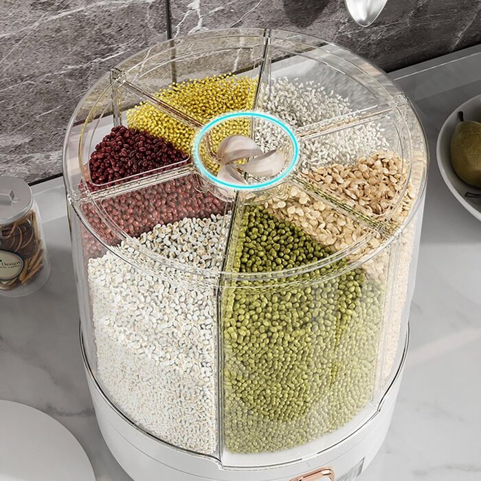 Rotating Food Dispenser – 360 Degree Rotating Dry Food Container, Transparent 6-Compartment Grain Dispenser | Sealed Rice Storage Container with Removable Lid, Storage