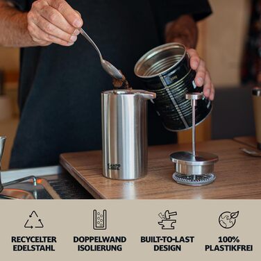 Campo Libre.® Giorgio French Press Coffee Maker made of double-walled stainless steel, 0.35l | Plastic-free coffee press with thermal function incl. replacement filter | Coffee maker | 100% recycled stainless steel 350ml Matt Steel