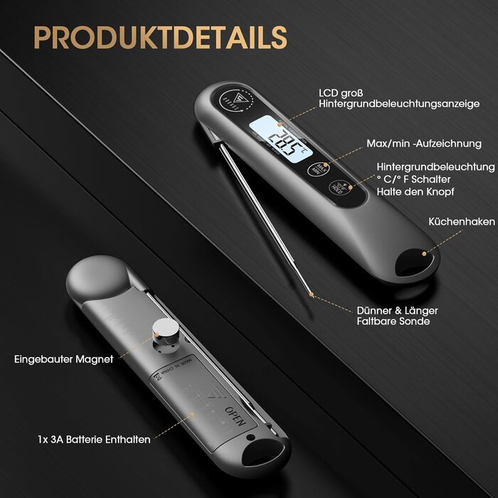 Цифровий кухонний термометр DOQAUS для м'яса, приготування їжі, випікання та гриля, швидка реакція 3s, LCD дисплей, автоматичне вмикання/вимикання (сріблястий/чорний)