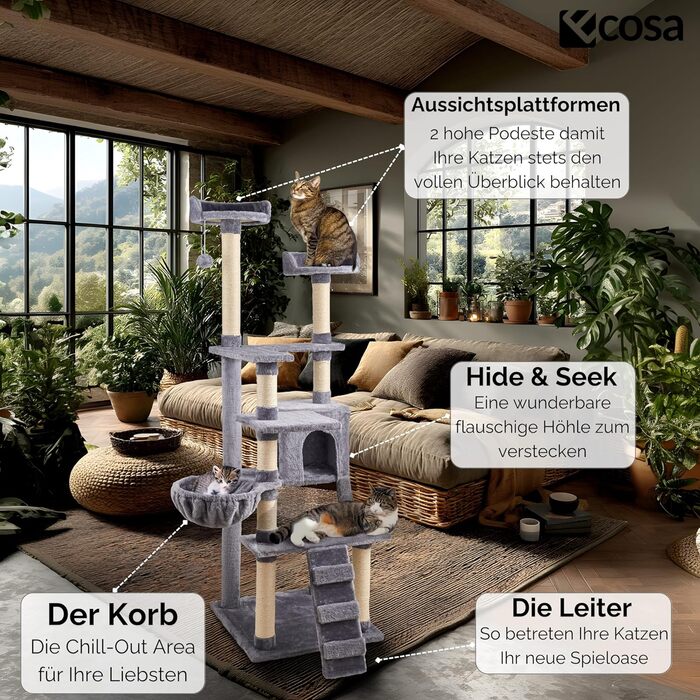 Кігтеточка для котів Ecosa® XXL - велика, 170 см, багатоярусна з гамаком та будиночком