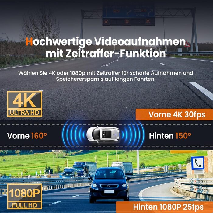 Відеореєстратор Faas Dashcam Auto Vorne & Hinten: 4K Dual, 64GB MicroSD, G-сенсор, час затримки, нічне бачення, режим паркування, циклічна запис – Чорний