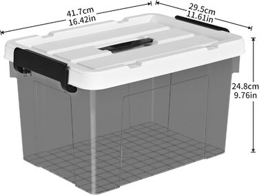Plastic Storage Box, Tote Box, Organizing Container with Durable Lid and Secure Latching Buckles, Stackable and Nestable, 4-Pack, Transparent Black with Black Buckle (20L x 3)