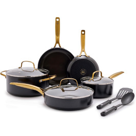 Набір посуду Blue Diamond Gold 10 предметів для індукційних плит, з алмазним покриттям, без PFAS та PFOA, антипригарне покриття, міцний, безпечний для металевих кухонних аксесуарів, придатний для миття в посудомийній машині, чорний