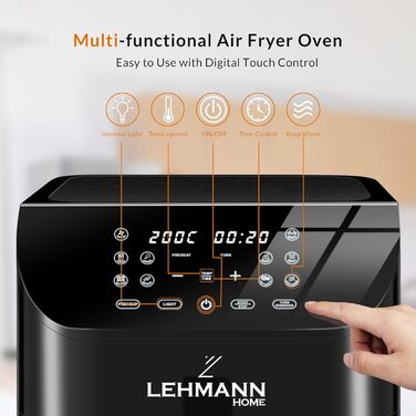 Фритюрниця повітряна LEHMANN з 2 камерами, 2400 Вт, AirFryer XXL, 12 програм, до 200°C, WiFi, 8л, чорний колір, з оглядовим вікном