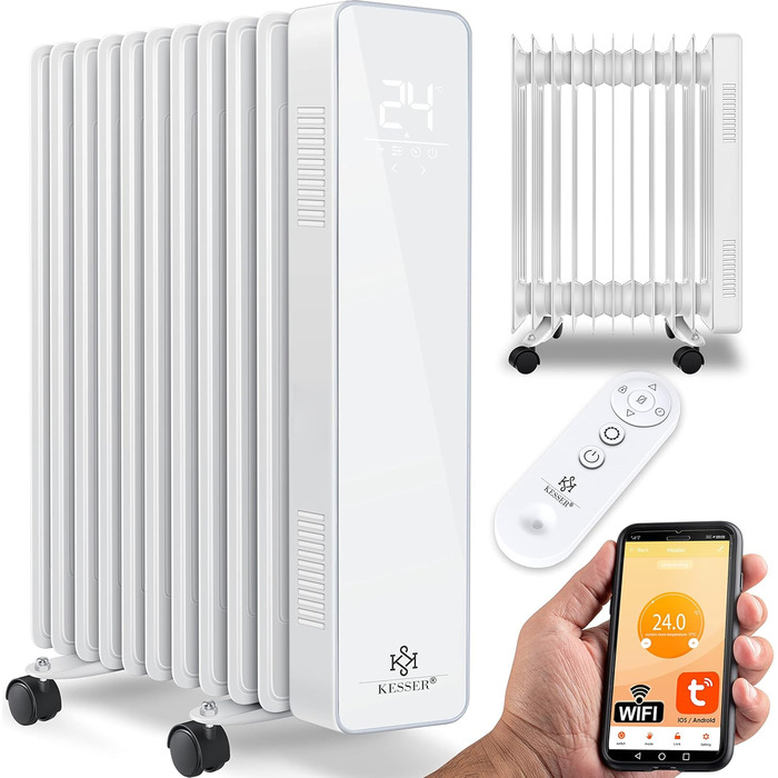 KESSER® 2500W Oil Radiator Mobile Electric Heater – Energy-Saving with WiFi App Control & LED Touch Display Remote Control Oil Radiator Heater Electric 11-Rib Radiator 24h Timer Overheat Protection White