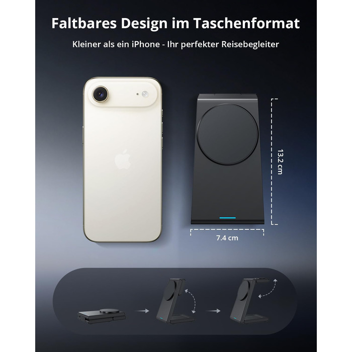 Зарядний пристрій 3-в-1 GEEKERA MagSafe для Apple Watch, iPhone (12-17) та AirPods, індуктивне зарядне, чорний матовий