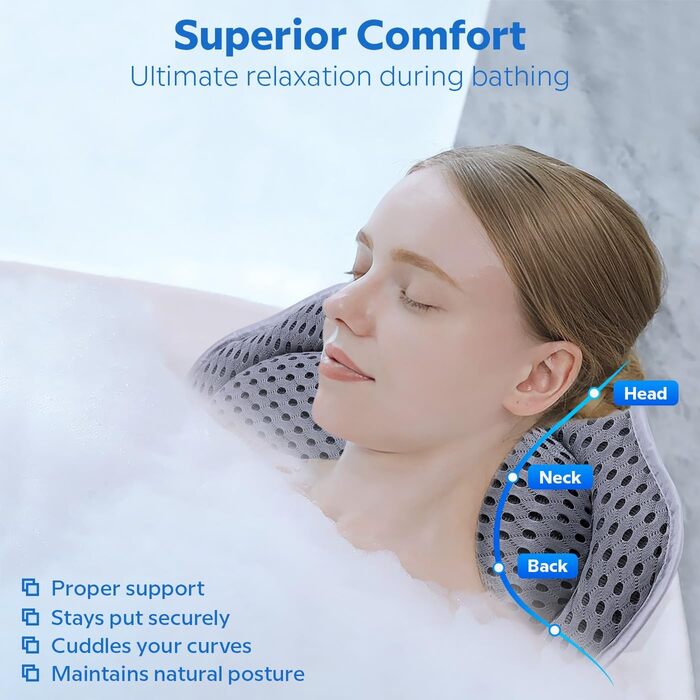 ADOV Bathtub Pillow – Ergonomic Luxury Neck Pillow with 6 Suction Cups, Soft Bath Pillow with 3D Air Mesh for Head, Back and Shoulders, Washable Pillow for Bathtub, Ideal for Bathtub, Spa (Gray)