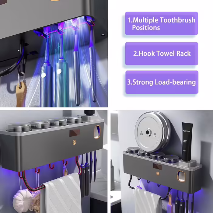 Wall-Mounted Toothbrush Holder with Toothpaste Dispenser, Smart Clean Toothbrush Holder with Solar Charging, Multifunctional Toothbrush Holder Set with 3 Cups and Towel Holder (3 Cups, Gray)