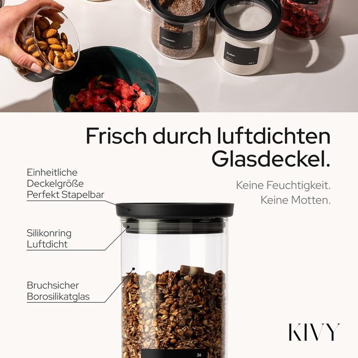 Банки для зберігання KIVY скляні з прозорою кришкою, 3 шт х 1.2л, герметичні, штабельовані