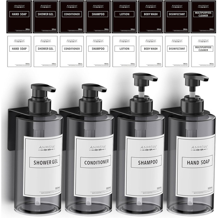 Набір дозаторів для мила на стіну 4er, сірий, 500 мл, без свердління, з наліпками