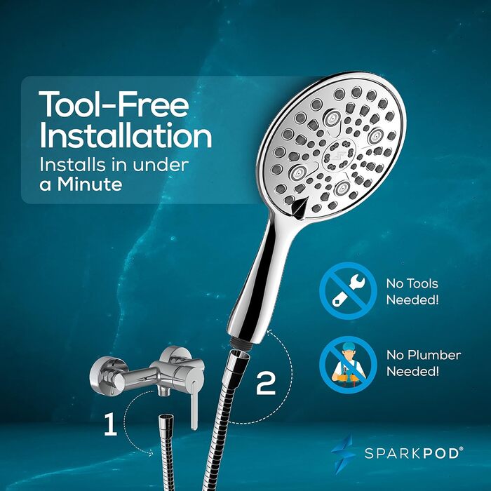 Душова лійка SparkPod з високим тиском, хром, 15 см, XXL, довгий шланг, розкішний дизайн, швидкий монтаж без інструментів