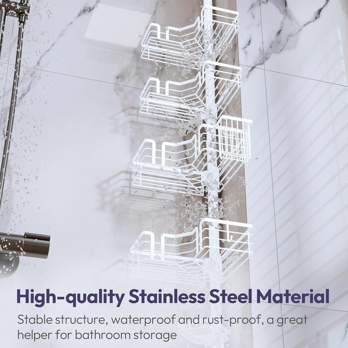 Поличка для душу SWTYMIKI телескопічна, кутова, з мильничкою та тримачем для зубних щіток, 4 гачки, регульована, не потребує свердління, нержавіюча сталь, 70-275 см, білий