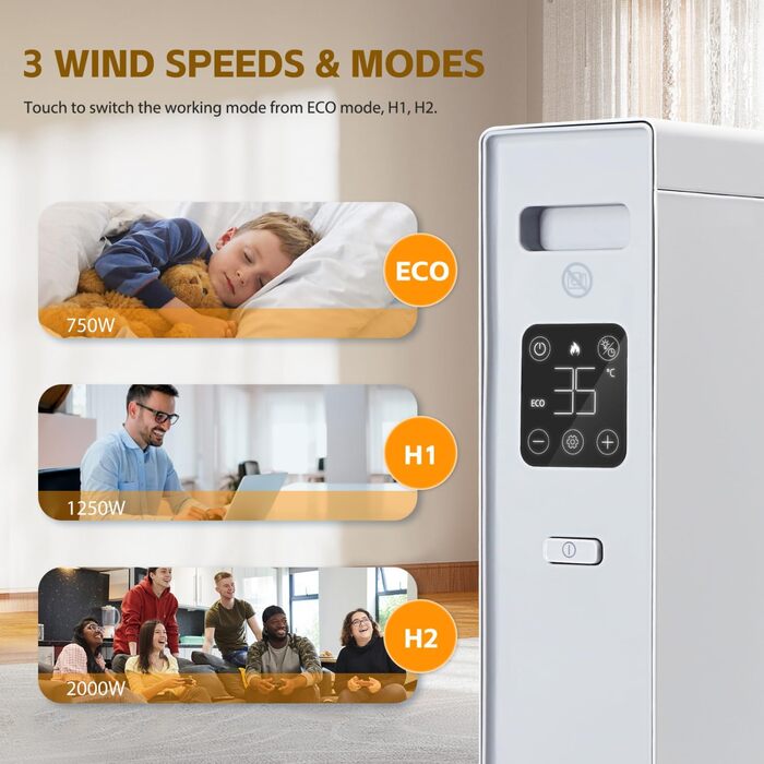 Електричний конвектор Aigostar Ember 2000W з термостатом та пультом дистанційного керування, LED-дисплей, таймер, тиха робота