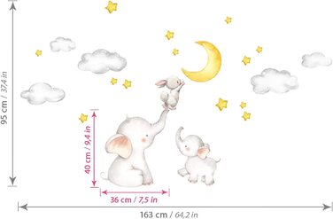 Little Deco Wall Sticker Baby Room Elephant and Rabbit with Moon and Stars I 163 x 95 cm (W x H) I Kids Pictures Decoration Children's Room Sticker Girl Sticker Boy Sticker DL463