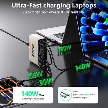 Зарядний пристрій GaN 800W USB-C, 10 портів, для MacBook, Dell, iPhone, Galaxy, ноутбуків, планшетів - Швидка зарядка