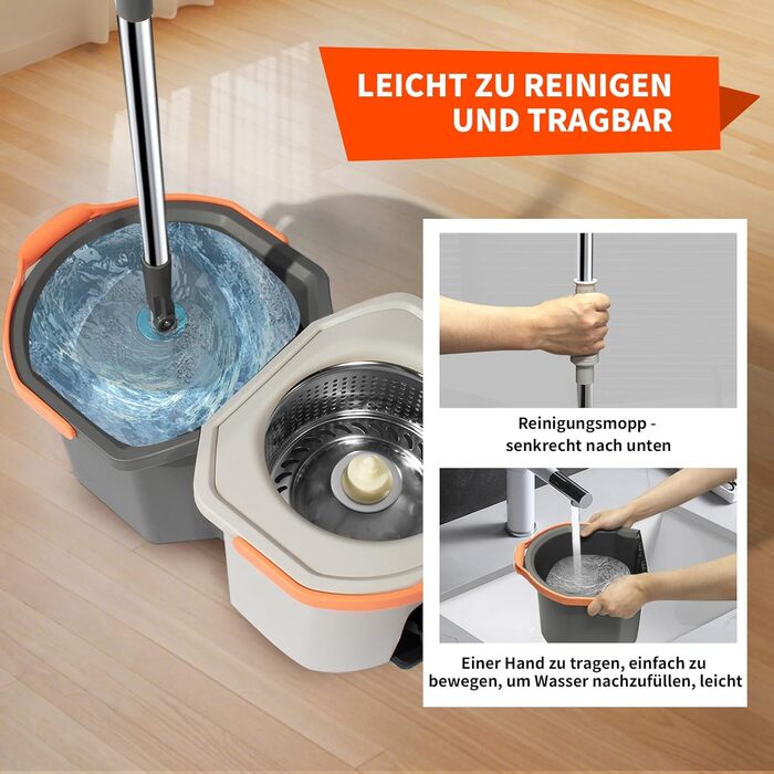 Набір для миття підлоги з відром, моп з функцією віджиму, відро з педальним механізмом та 2-камерним відсіком, повний набір з 3 мікрофібровими накладками для ламінату, паркету та плитки (світло-сірий)