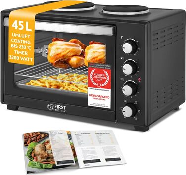 Міні-піч TZS First Austria 45L з плитами 3200W - піч для піци з антипригарним покриттям та 4 рівнями для запікання