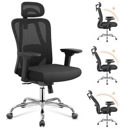 Офісне крісло Devaise: ергономічне крісло з регульованою підголівником та поперековою підтримкою, 3D-підлокітники, 3-рівневий нахил, дихаюча сітчаста тканина для дому та офісу (Чорний)
