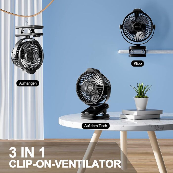 8000mAh Mini USB Clip Ventilator Battery, 13cm Small Table Fan with Remote Control, 5-Speed, LED Display, 360° Rotation, Rechargeable Battery Portable Table Fan for Home, Office, Camping, Stroller