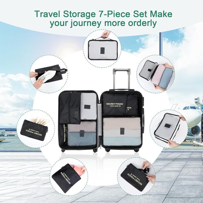 Органайзер для валізи AiQInu, набір 7 шт: кубики для пакування, органайзери для подорожей, сумочки для одягу та взуття (Чорний)