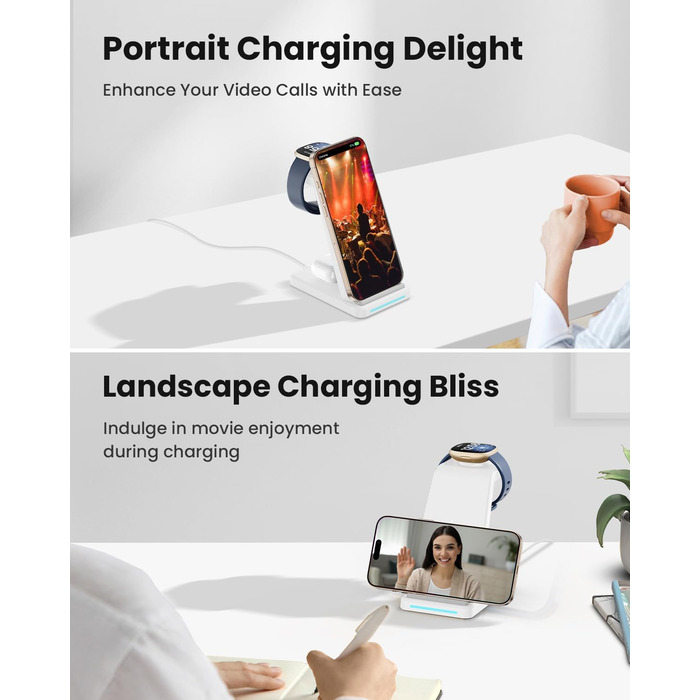 GEEKERA 3-в-1 Бездротова Зарядка для Google Pixel Watch 3/2, Fitbit Versa 4/3, Sense 2/Sense, iPhone, Pixel, Samsung – Матове Біле