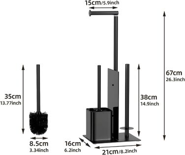 Stainless Steel Toilet Paper Holder with Brush - Standing Toilet Paper Roll Holder & WC Brush Set with Glass Shelf (Matte Black)
