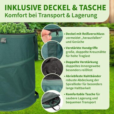 TTL Garden Комплект з 3 садових мішків 160 л з кришкою, 220 г/м², 600D Оксфорд, складаний, для листя та садових відходів, міцний