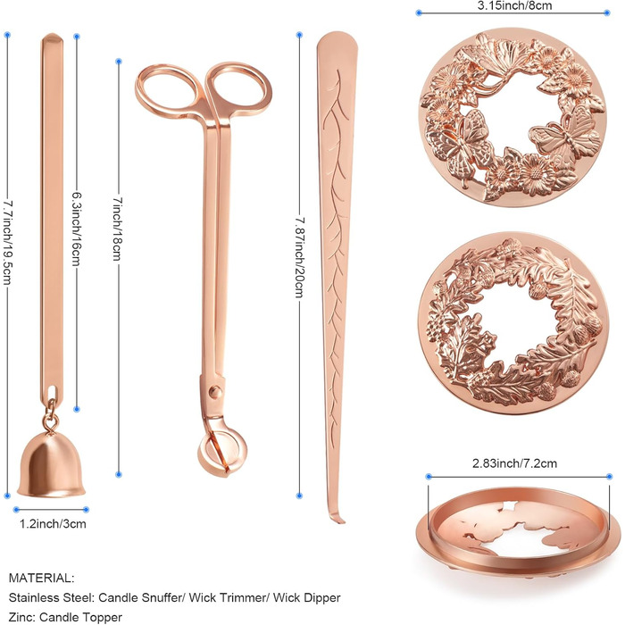 DORAFO Candle Accessory Set, 5-in-1 Stainless Steel Candle Care Set, including Candle Snuffer, Wick Trimmer, Wick Spoon, and 2 Lid Candle Holders with Gift Package (Rose Gold)