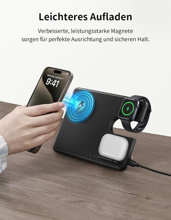 Зарядний пристрій JoyGeek 3-в-1 з MagSafe для Apple Watch, iPhone 16/15/14/13/12/Plus/Pro Max, AirPods 2/Pro 2, чорний