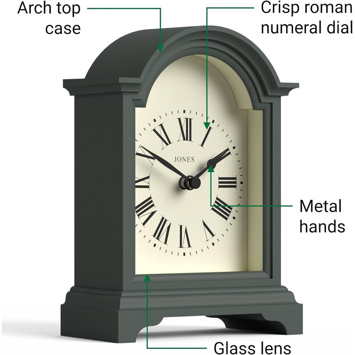 JONES CLOCKS® Bistro Table Clock | Classic Arch Design | White | Timeless style for desk, table, shelf or nightstand (Green)