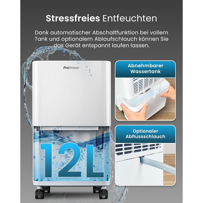 Електричний осушувач повітря ProBreeze 12L - Осушувач ProBreeze для дому, 20 м², з таймером та датчиком вологості