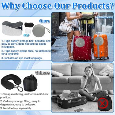 Подушка для шиї в літак, 360°, подушка для подорожей з піною з пам'яті, подушка-вушка для дорослих, комплект - ергономічна, з коробкою для зберігання, маска для сну та навушниками (сіра)