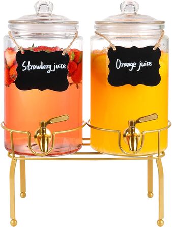 FUREEY Drink Dispenser with Stand - 2 Pack, 3.5L Glass Top Drink Dispenser with Stainless Steel Spout - Leakproof for Juice, Tea & Party Drinks