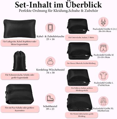 Органайзер для валізи KiwiPower, 8 шт. – комплект компресійних кубиків для одягу, чорний