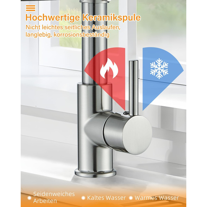 Кран кухонний Hbronzeshower з висувною лійкою, 360° обертання, нержавіюча сталь, щіткований нікель