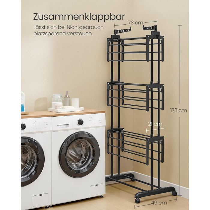 SONGMICS Сушарка для білизни на коліщатках, 4 яруси, чорна, 63.5 x 125.5 x 173 см, LLR703G01