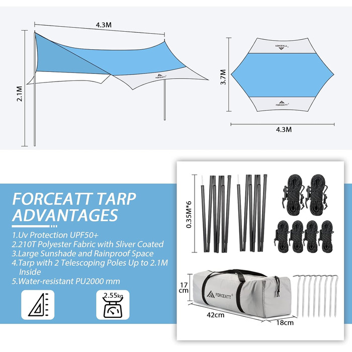Тент Forceatt Zeltplane 3.7x4.3 м - ультралегкий, водонепроникний, з 6 кріпильними точками, анти-UV для кемпінгу та активного відпочинку (темно-синій & сірий)