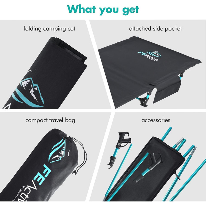 FE Active: Компактне розкладне ліжко з повного алюмінію, ультралегке, зручне для сну, портативне кемпінгове ліжко для кемпінгу, походів, трекінгу, подорожей з рюкзаком. Розроблено в Каліфорнії