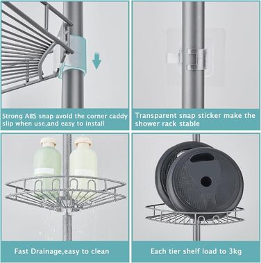 Hoomtaook Telescopic Shower Shelf, Shower Caddy Without Drilling Corner Stainless Steel Corner Shelf with 4 Shower Baskets, Telescopic Shelf Bathroom Height Adjustable 85-325cm for Bathroom and Kitchen, Grey
