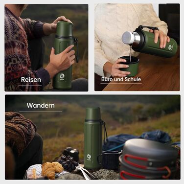 Термос Healter Thermoskanne 1л з чашкою (72 години холод & 24 години гаряче) - термофляга для кави, чаю, офісу, школи (зелений)