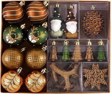 Набір ялинкових прикрас Valery Madelyn (40 шт.) - бронзові ялинкові кулі з підвісками, ялинкова прикраса, декор на ялинку, тема «Ліс» (кольори: бронза, червоний, зелений, срібло, золото)