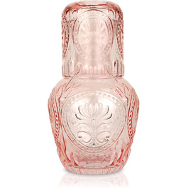 Vintage Glass Carafe with Lid & Matching Drinking Glass – 750 ml Capacity – Elegant Glass Jug for Water, Juice, or Wine – Stylish Home Decor for Kitchen or Dining Room (Pink)