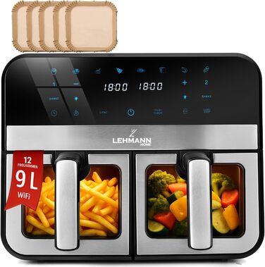 Фритюрниця повітряна LEHMANN з 2 камерами, 9л, 2400 Вт, AirFryer XXL з 12 програмами, до 200°C, WiFi, без олії, з технологією Air Fry – гриль, випічка, ферментація, дегідратація